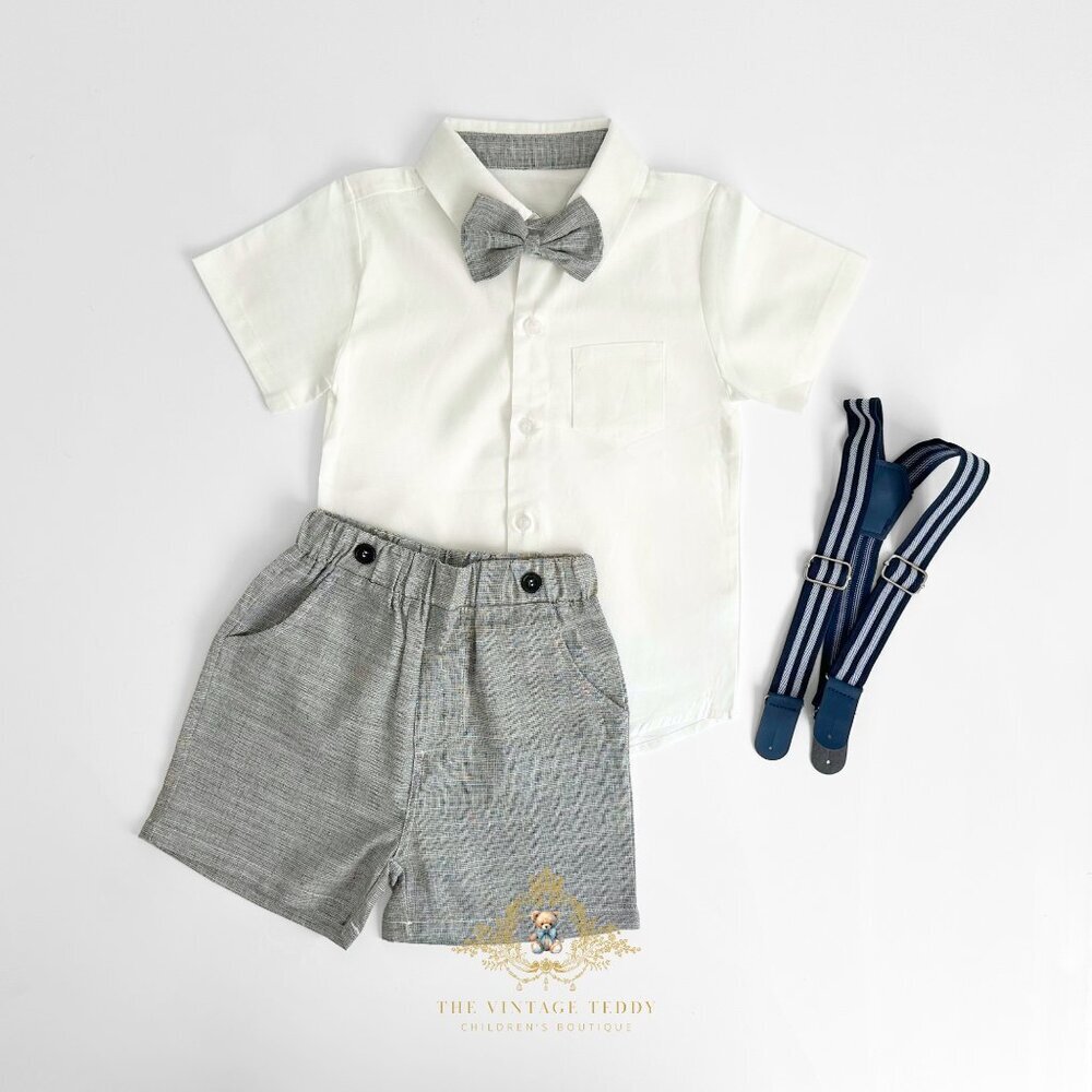 NWT Handsome Boys Oxford Button Down Shirt Shorts & Bow Tie Matching Set 3T - Picture 2 of 3